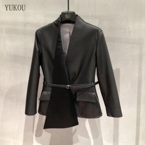 Woman Coats Natural 100% Sheepskin Leather Jackets Female V-Neck Windbreaker Sheepskin Leather Overcoat Leather Belt Decoration