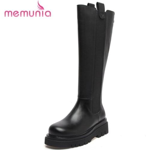 MEMUNIA Cowhide Shoes Platform Thick Heels Knee High Boots Zipper Leisure Women Boots Winter Comfortable Ladies Simple Hand Made