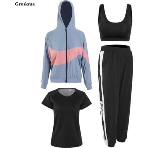 Autumn winter women quick dry yoga 4 piece set coats+t shirt+bra+pants fitness gym sportswear clothing loose suit sets running