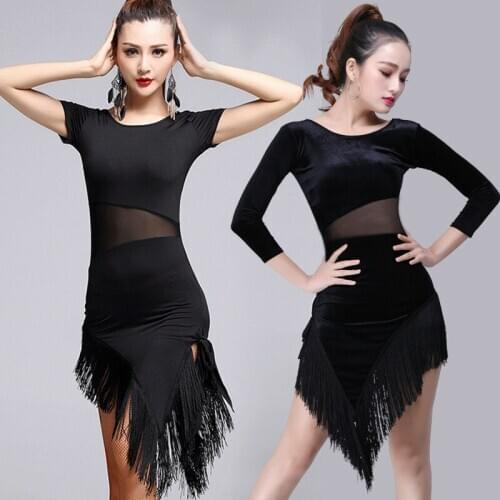 2021 Black Latin Dance Dress Female Adult Short-sleeved Tassel Dance Performance Clothing Women Sexy Mesh Stitching Latin Dress