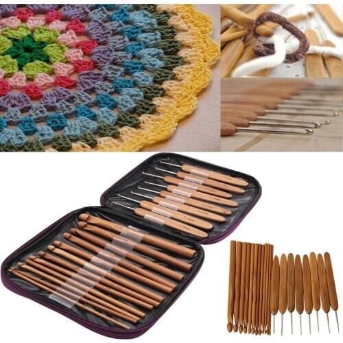 20Pcs Carbonize Bamboo Crochet Hooks Knitting Needles Craft with Purple Case