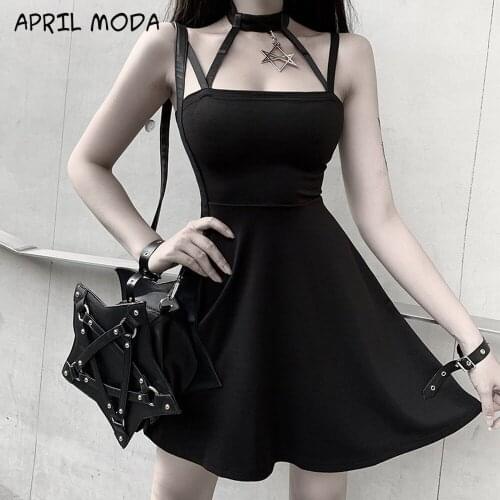 2020 Fashion Gothic Dresses Black Gothicfashion Sleeveless Summer Gothicstyle A-Line Plain Above Knee Women Gothic Mini Dresses