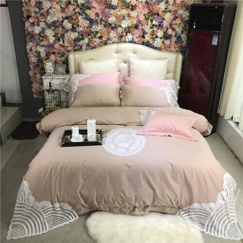 Luxury Egyptian cotton Bedding sets Queen King White Lace Duvet cover Princess Bed sheet set Khaki pink 4/6pcs