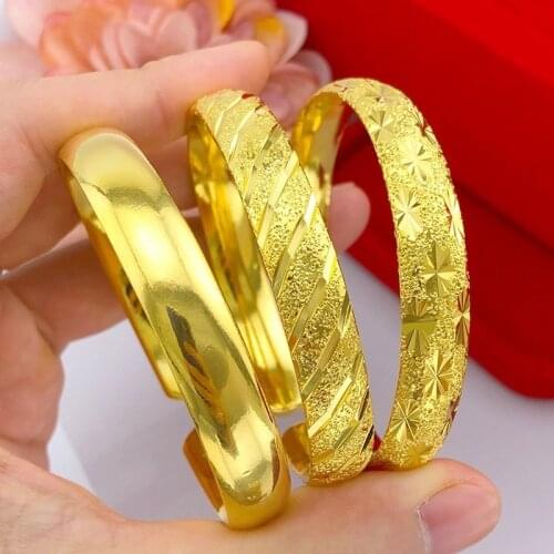 Pure Gold Color Cuff Bracelet for Women Wedding Engagement Jewelry 10N African Gold Bangles Starry Glossy Bijoux pulseras mujer