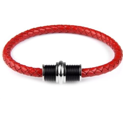 Genuine Leather Bracelet Men Stainless Steel Magnetic Clasp Handmade Men Red Black Bracelets Bangles Braided Leather Bracelet