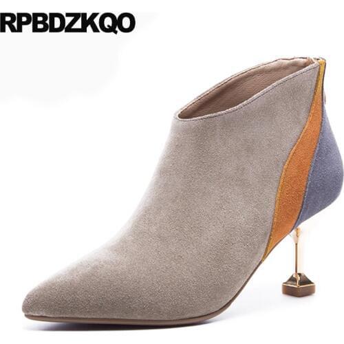 British High Heel Genuine Leather Ankle Suede Patchwork Fur Luxury Brand Shoes Women Pointed Toe Autumn Grey Size 34 Fall