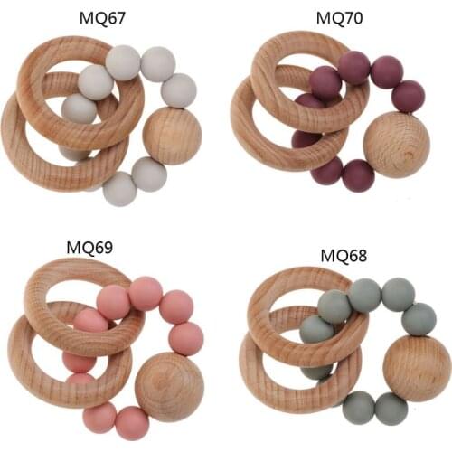 Baby Rattle Bracelet BPA Free Silicone Teether Organic Wooden Ring Teething Toy Y4QA