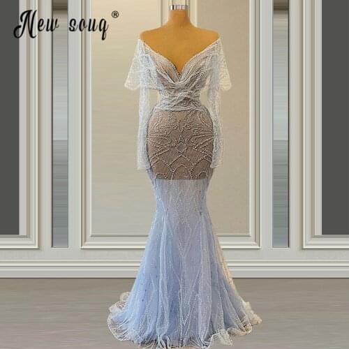 Long Sparkly Evening Dresses 2021 Long Sleeve Mermaid V-neck Mermaid Light Blue Beaded Dubai Women Formal Gowns