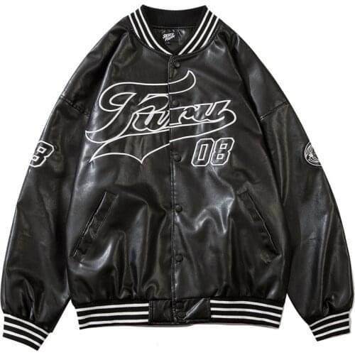 Autumn Letter Embroidery PU Leather Baseball Jacket Men High Street Vintage Fashion Hip Hop Loose Casual Stand Collar Coat Man
