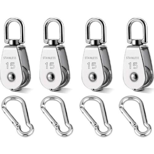 M15 Crane Pulley Block Swivel Hook Single Pulley Block Hanging Wire Towing Wheel 304 Stainless Steel with Carabiner