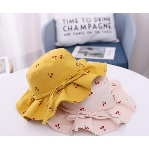 Cute Cherry Fruit Printed Baby Girls Bucket Hat Bowknot Kids Children Caps Outdoor Infant Toddler Beach Sun Hat Bonnet