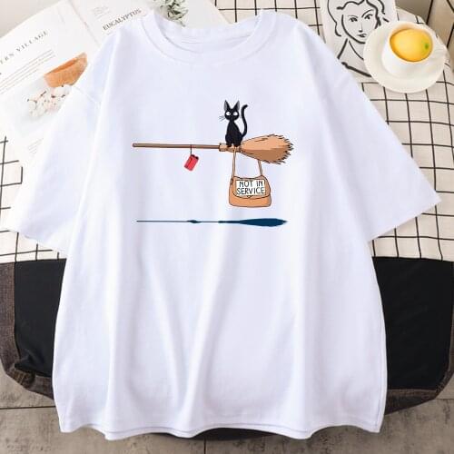 Cute Cat Not In Service Comics Printing Women Soft Cartoons Soft Tshirt Fashion Crewneck Tshirts Vintage Loose T Shirts Couple