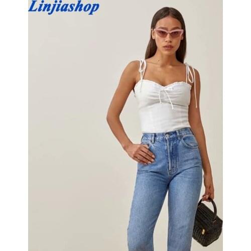 Fashion Adjust Spaghetti Straps Women Camisole Elegant Center Bow Tank Top Vintage White Elastic Top