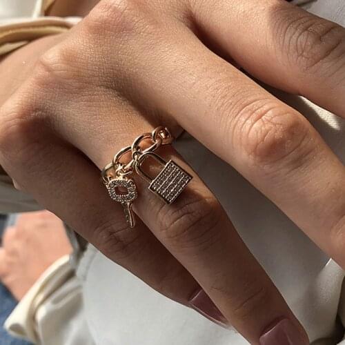 Fashion key lock ring zircon rings for women exaggerated hollow wholesale jewelry party shiny ring