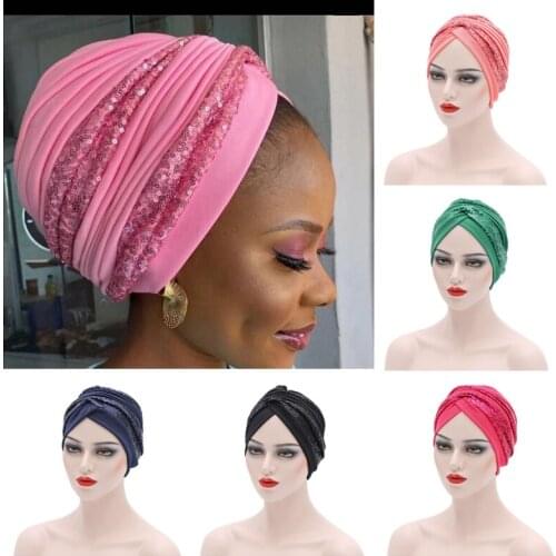 Fashion Sequins Muslim Hijabs Headscarf Bonnet Twisted Turban Cap for Lady Handmade African Headtie Soild Color Women Head Wraps