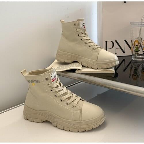 Motorcycle Boots Winter PU Thick Middle Chunky Boots British Style 2021 New Thin Single Boots High-top Canvas Shoes Ankle Boots