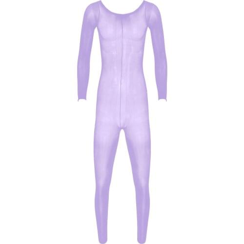 Gay Mens Lingerie Babydoll Bodysuit Sexy See-through Glossy Bodystocking Round Neck Long Sleeve Stretchy Leotard Jumpsuit