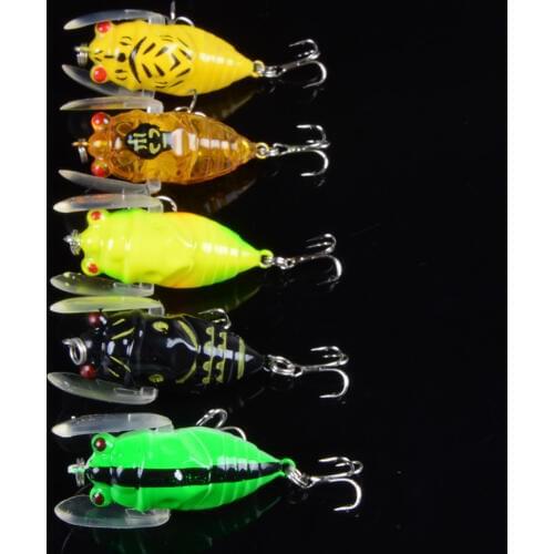 New 5pcs/lot hard plastic cicada fishing lures 3d eyes with wing artifiicial bait treble hooks bulk fish tackle