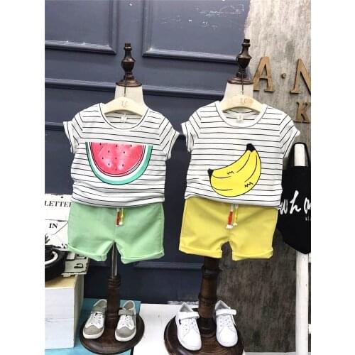 Girls Boys Cotton Watermelon Banana Short Sleeves T shirt Pants Clothing Sets Fashion Kids Summer Striped Fruit Clothes SA1334