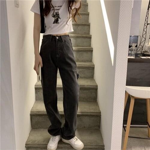 GOOHOJIO 2020 Autumn Fashionable High Waist Women Pants All-match Casual Jeans Ladies Solid Color Wide Legs Denim Pants Women
