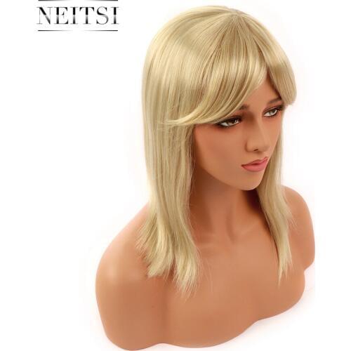 Neitsi Synthetic Hair Wig Long Straight Layered Hairstyle High Temperature Full Wigs With Bangs Fiber for Women