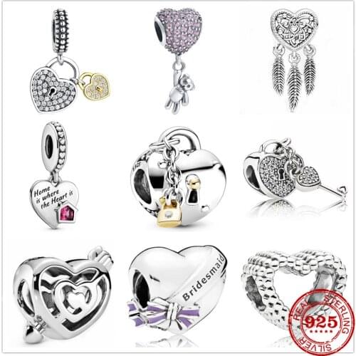 Genuine 925 Sterling Silver Beads Heart bear Love lock Dreamcatcher Fit Original Pandora Bracelet Charm Jewelry Gift