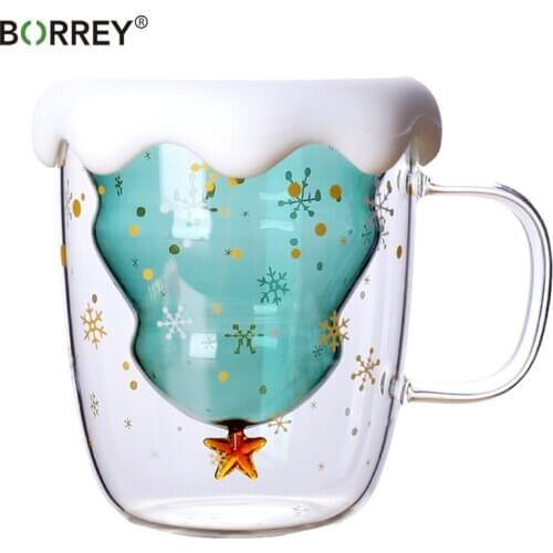 BORREY Christmas Cup Transparent Double Anti-Scalding Glass Christmas Tree Star Coffee Milk Juice Mug Childrens Christmas Gift