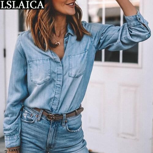 Shirts for Women Turn Down Collar Fashion New Patchwork Casual Women Clothing Streetwear Long Sleeve Slim Sexy Denim Shirt