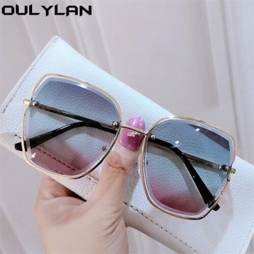 Oulylan Vintage Sunglasses Women Brand Designer Cutting lens Sun Glasses Ladies Fashion Tea Blue Gradient Eyewear Shades UV40