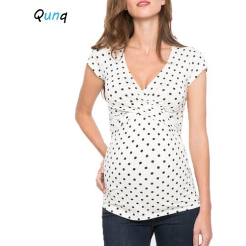 Qunq Pregnancy Breastfeeding Nursing Tops 2021 New Summer V-neck Short Sleeve Dot Shirts for Maternity Women Pullovers