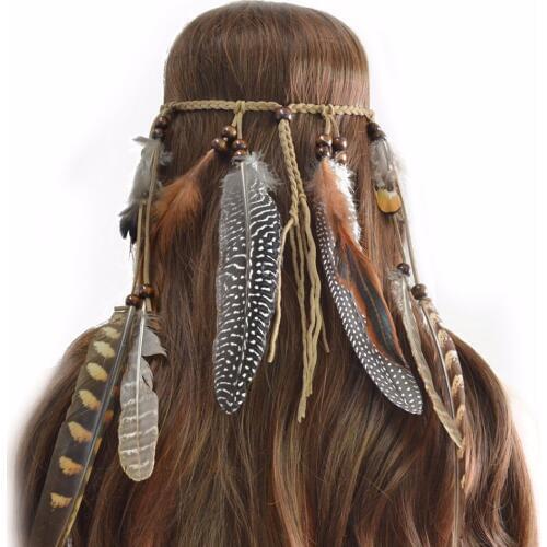 Ethnic Boho Indian Feather Headband Headdress Hair Rope Headwear Tribal Gypsy Hippie Festival Head Party Jewelry