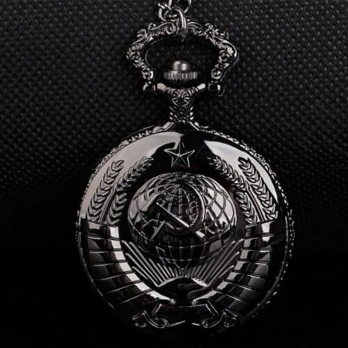 Steampunk Vintage USSR Soviet Sickle Hammer Style Quartz Pocket Watch Necklace Black Pendant Clock Unisex Watch