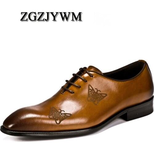 ZGZJYWM New Fashion Comfortable Handmade Genuine Leather Lace-Up Pointed Toe Carved Oxford Business Casual Dress Men Shoes