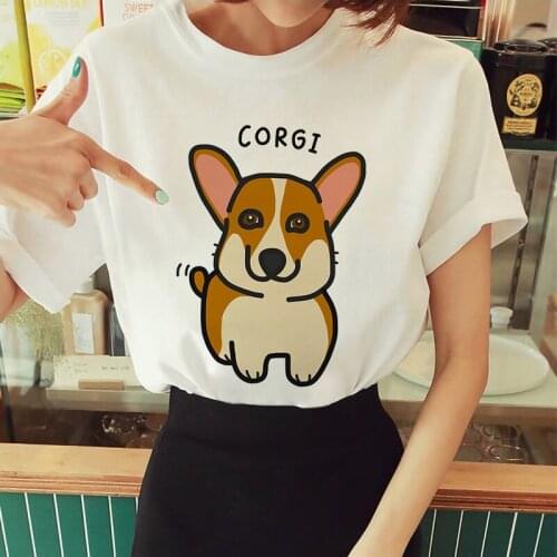 T-shirt Women 2021 Summer Funny Corgi Print Printed Female T Shirts White Short Sleeve Harajuku Casual Fashion Ladies Tee Tops