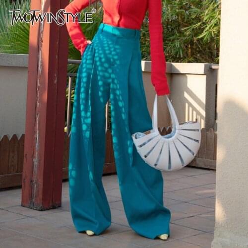 TWOTWINSTYLE Blue Ruched Casual Trouser For Women High Waist Loose Minimalist Joker Wide Leg Pants Female Fashion New Clothes