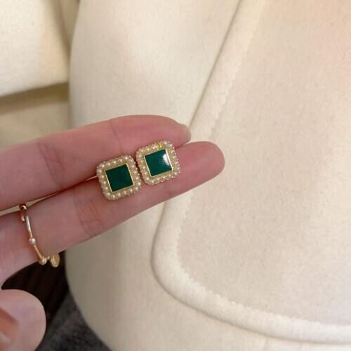 Simulated Pearls Enamel Square Stud Earrings For Women Vintage Fashion Jewelry Charming Multicolor Birthstone Clip On Earring