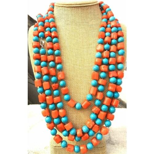Natural Pretty Pink Coral Blue turquoise Bead Long 100 inch Necklace AAA