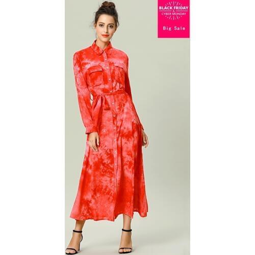 Fashion brand bohemian printed single breasted long dress female long sleeve vacation holiday dress with belt wj2749 dropship