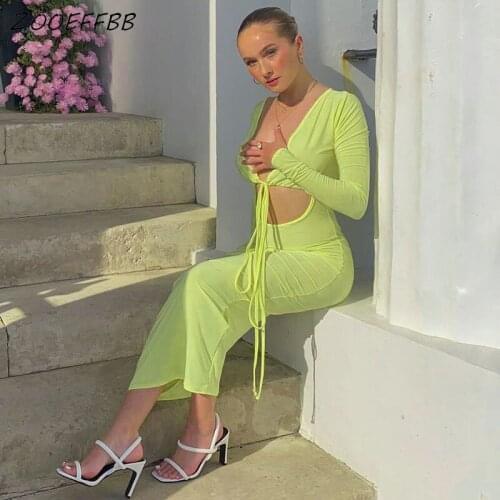 ZOOEFFBB Long Sleeve Sexy Lace Up Maxi Dress for Women Autumn Vintage Elegant Birthday Party Clubwear Outfits Vacation Dresses