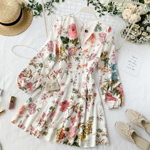 Women Sweet Floral Print A-line Dress 2019 Autumn V Neck Long Sleeve Elegant Party Vestidos J174
