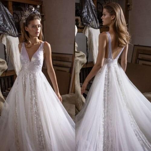 2020 Wedding Dresses V Neck Lace Appliques Bridal Gowns Backless Sweep Train Beach A-Line Wedding Dress vestido de novia