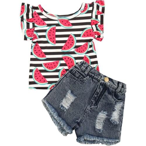 2021 0-4Y Kids Baby Girl Clothing Short-sleeved Fashion Watermelon Stripe T-shirt+Ripped Denim Short Pants Shorts 2pcs Set