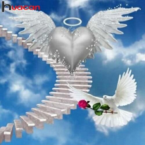 Huacan 5d Diamond Painting Full Drill Angel Wing Heart Mosaic Stairs Peace Pigeon Embroidery Scenery Wall Stickers Diamond Art