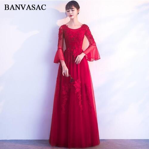 BANVASAC 2018 O Neck Sequined Appliques A Line Long Evening Dresses Party Lace Flare Long Sleeve Backless Prom Gowns