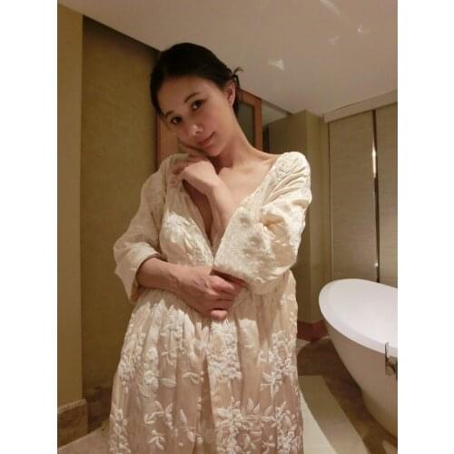 Free Shipping Winter Womens Long Velvet Robe Beige and Pink Sleepwear Royal Embroidering Princess Nightgown