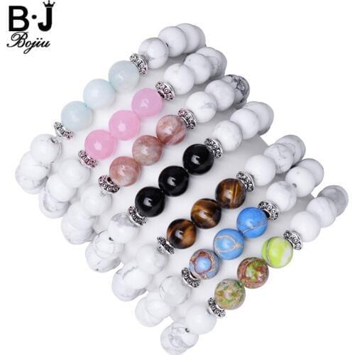 BOJIU White Howlite Beaded Mixed Ag. Colored Bead Women Casual Strand Bracelet 8mm Beaded Bracelets MBC14