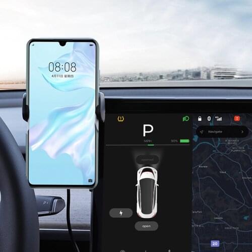 Wireless Charging Phone Holder For Tesla Model 3 Accessories Monitor Fixed Clip Safety Mount Cellphone Stand Wireless Charger