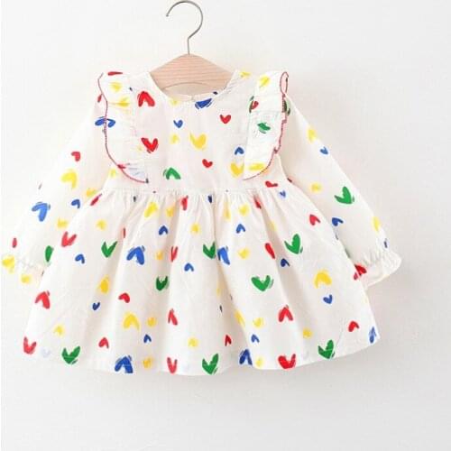 Autumn Girls Kids Princess Dress Children Baby Infants Sweet Long Sleeve Ruffle Printed Heart Party Dresses Vestidos S12833