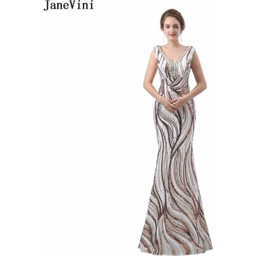 JaneVini Sparkly Sequins Crystal Long Bridesmaid Dresses V Neck Sleeveless Sexy Mermaid Dubai Arab Prom Party Gowns Floor Length