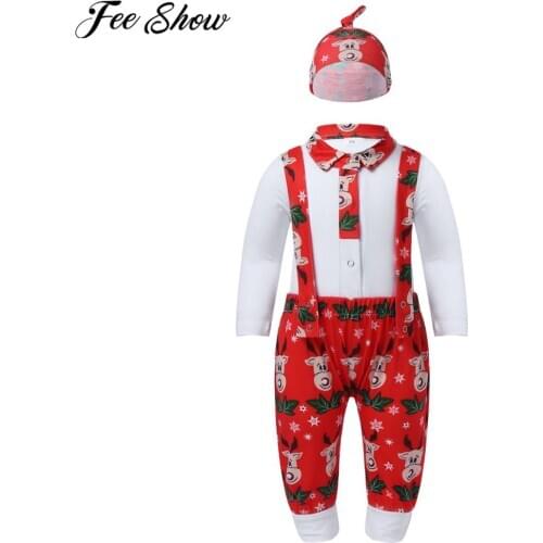 Infant Baby Boys Jumpsuit Romper suspender pants Christmas Elk Print Long Sleeve Outfit Shirt with Hat Set New Years Costume